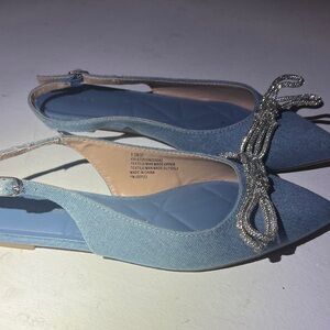 Elegant Blue Denim Slingback Flats with Silver Bow